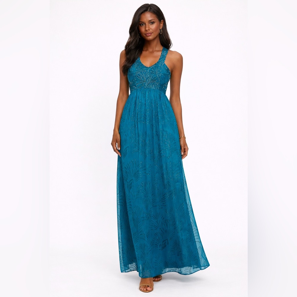 Nicole Miller Teal Beaded Chiffon Maxi Dress Size 8 Vintage